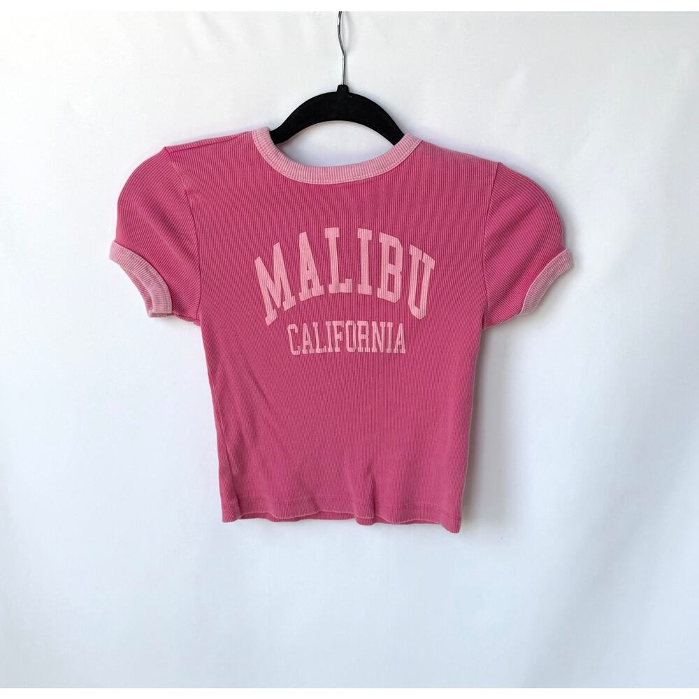 Y2K Malibu California Baby Tee Pink Ribbed Crop Top Social Culture M
